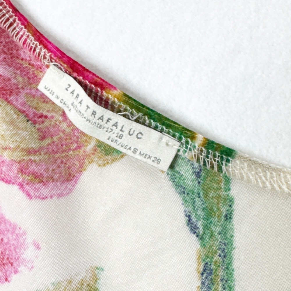 ZARA Trafaluc Floral Velvet Midi Dress Cream Pink Green Blue Short Sleeve - Picture 4 of 7